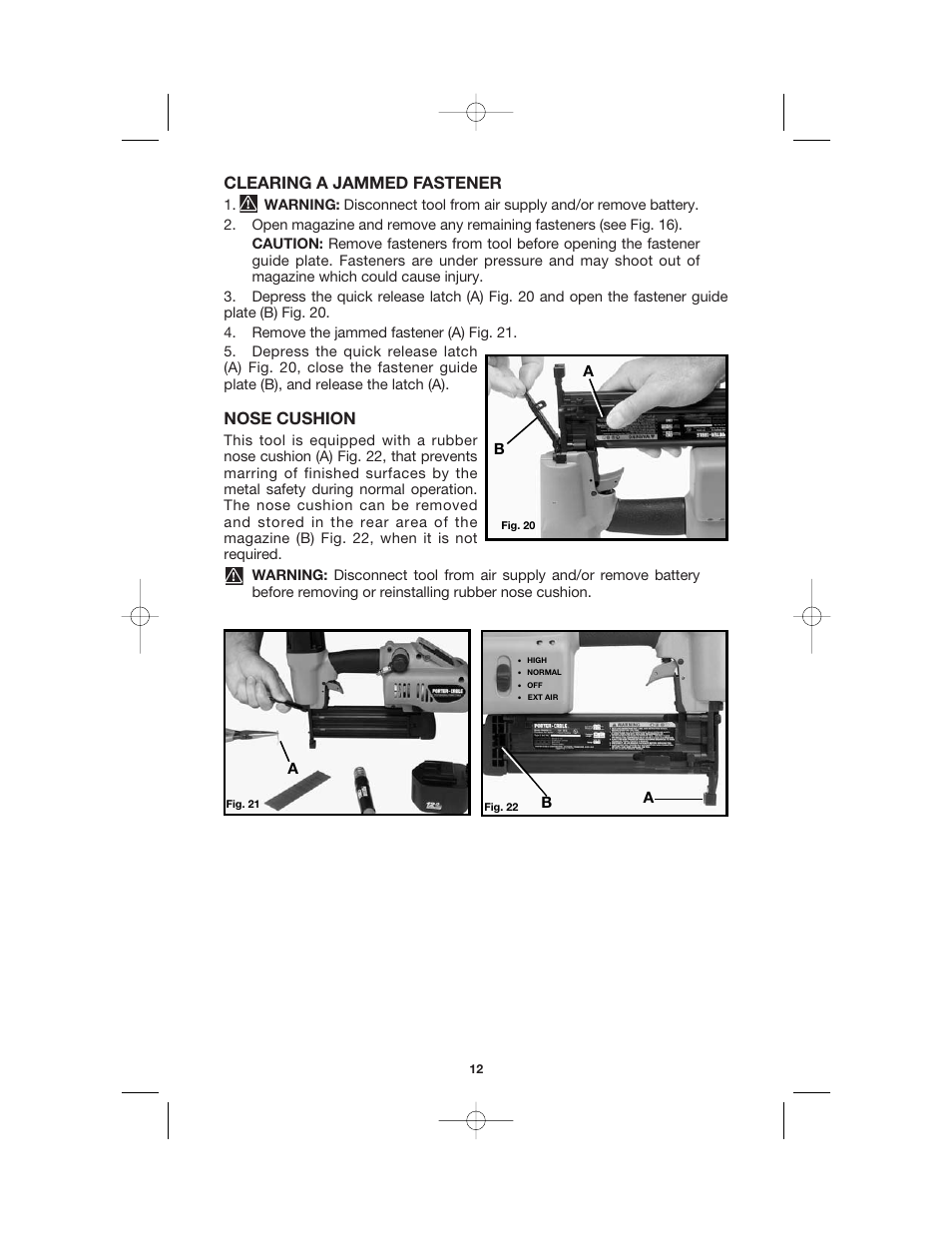 Clearing a jammed fastener, Nose cushion | Porter-Cable BN200V12 User Manual | Page 12 / 19