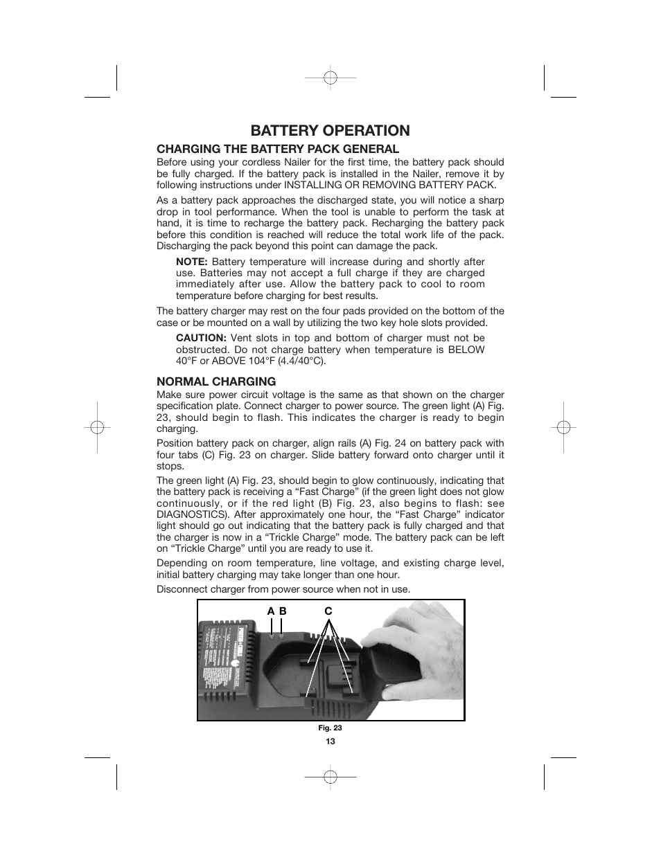 Battery operation | Porter-Cable BN200V12 User Manual | Page 13 / 19