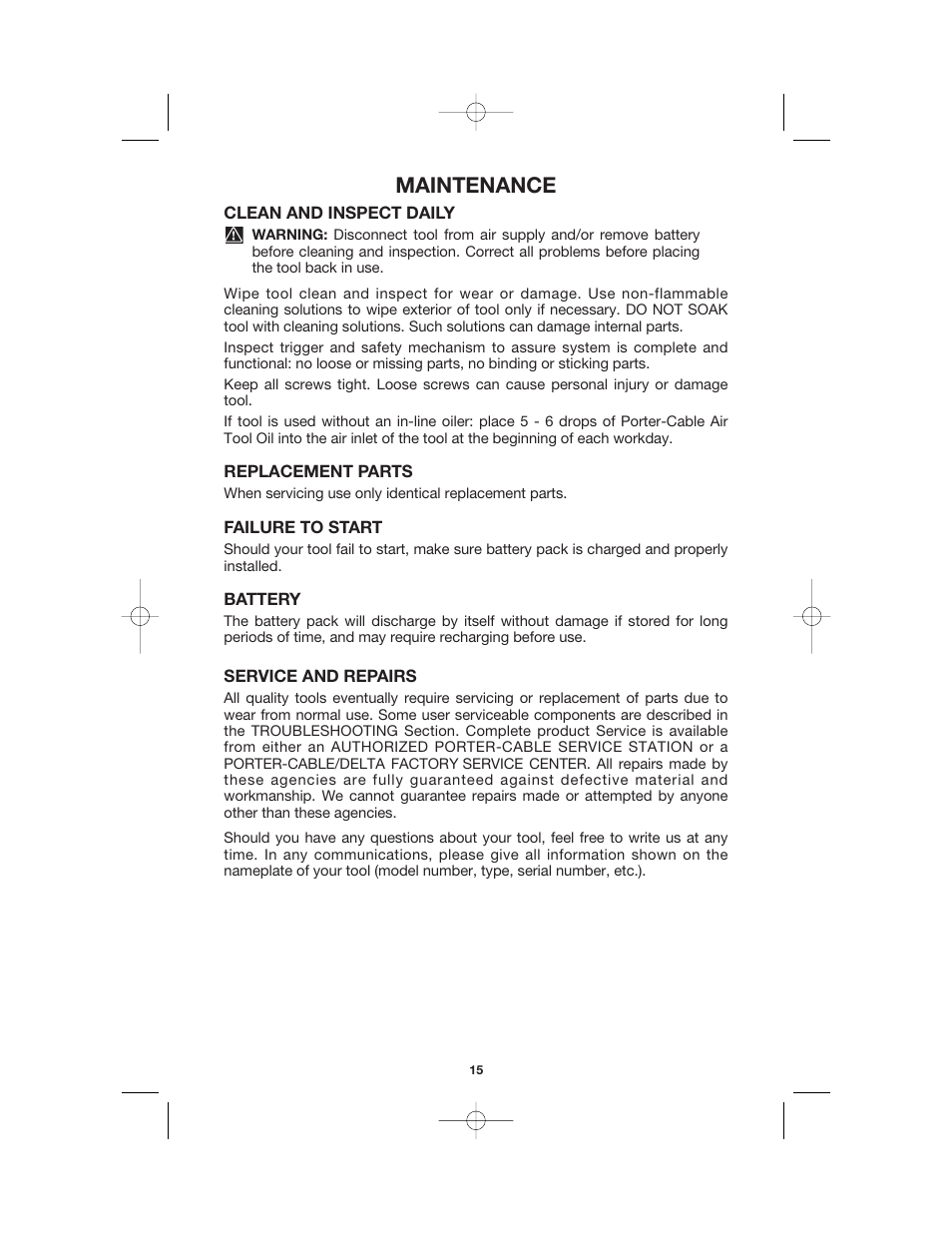 Maintenance | Porter-Cable BN200V12 User Manual | Page 15 / 19