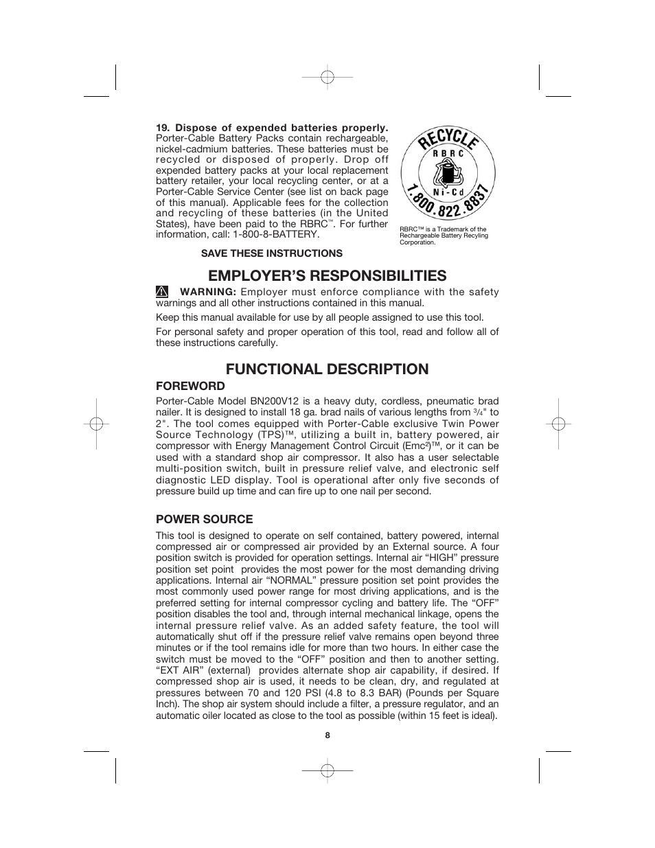 Employer’s responsibilities, Functional description | Porter-Cable BN200V12 User Manual | Page 8 / 19