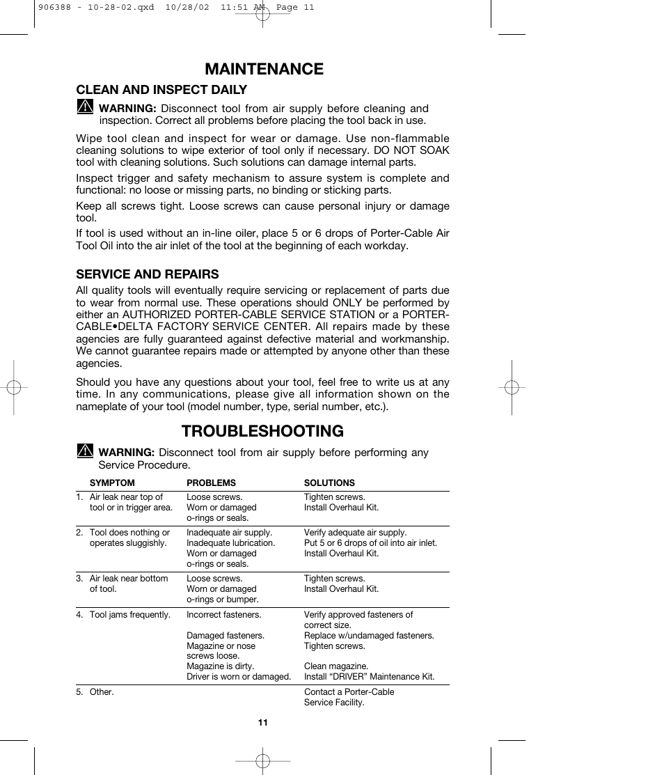 Maintenance, Troubleshooting, Clean and inspect daily | Service and repairs | Porter-Cable FCP350 User Manual | Page 11 / 13