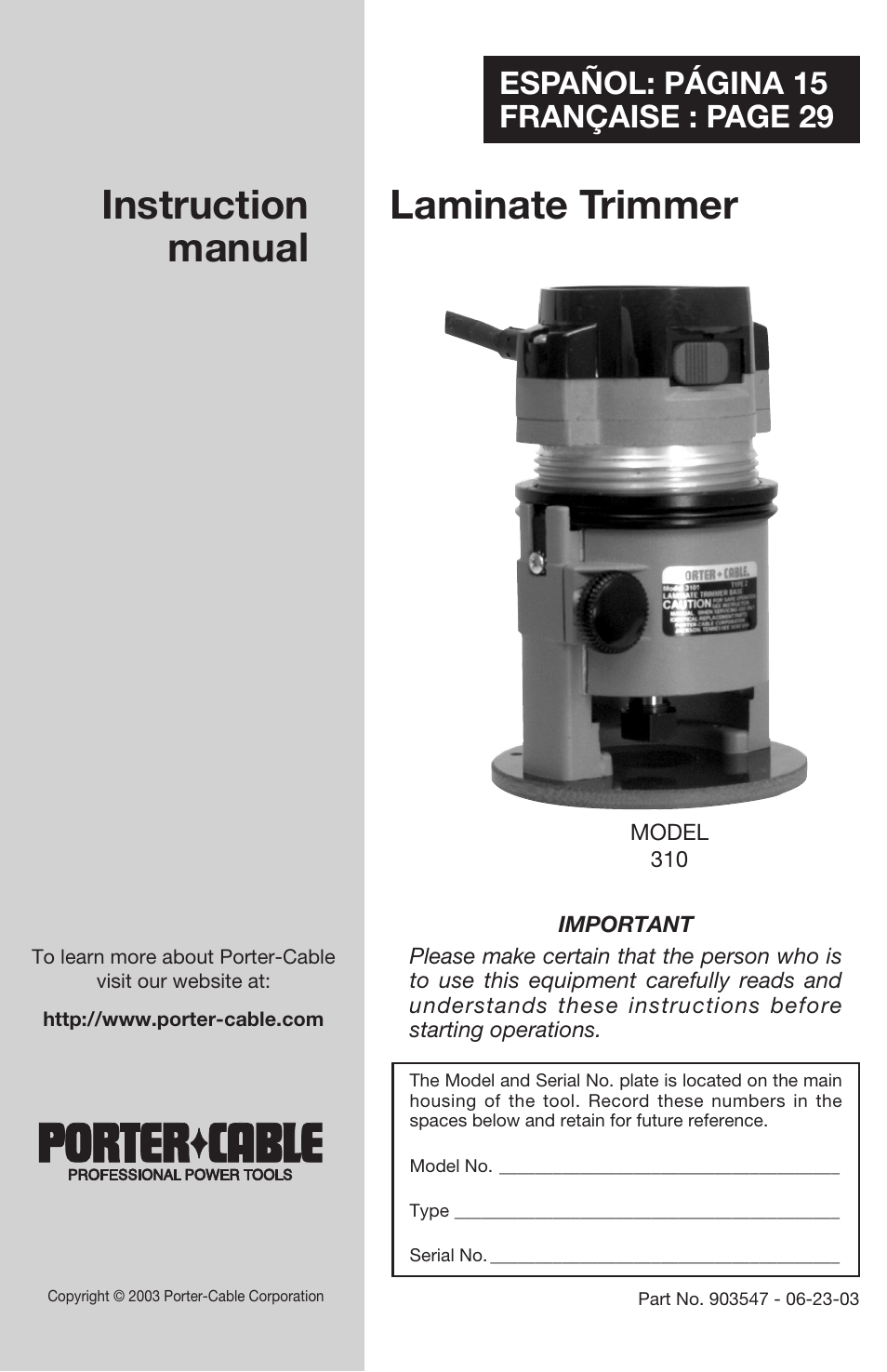 Porter-Cable 310 User Manual | 15 pages