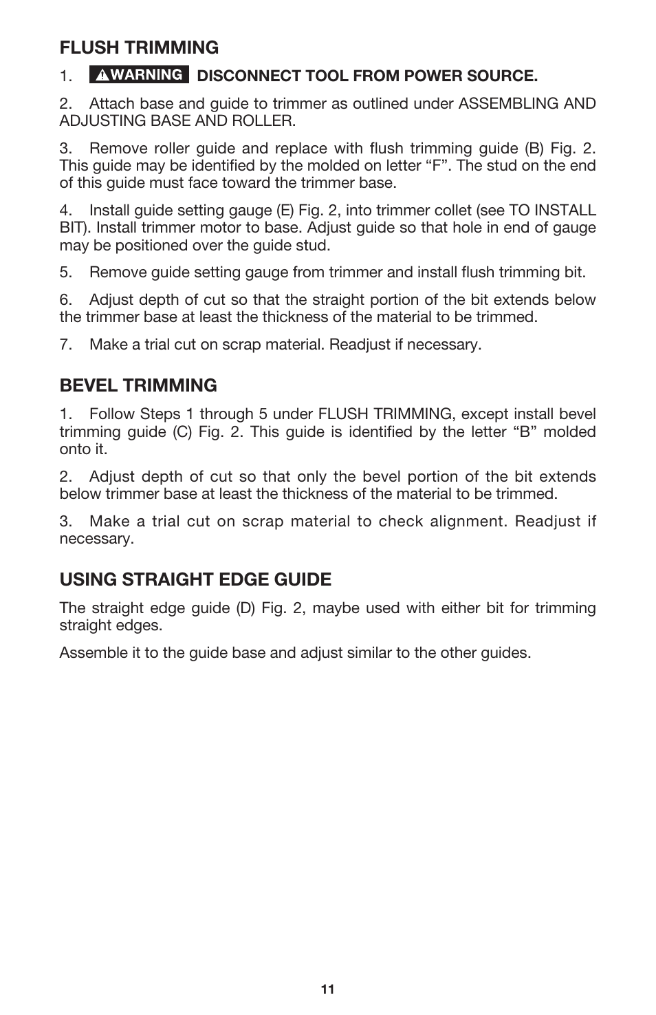 Flush trimming, Bevel trimming, Using straight edge guide | Porter-Cable 310 User Manual | Page 11 / 15