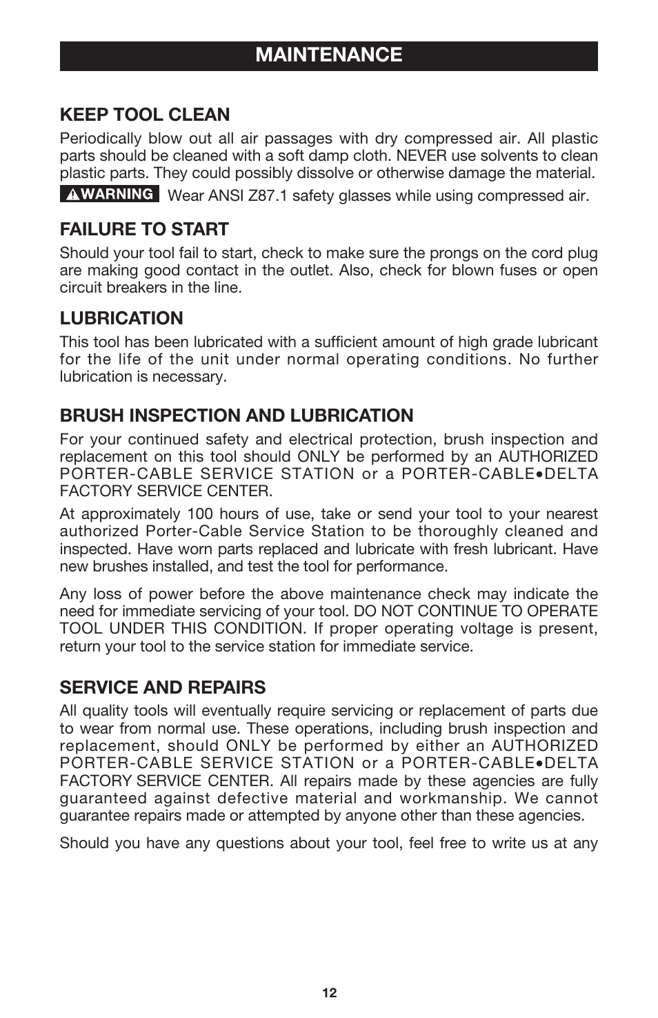 Maintenance | Porter-Cable 310 User Manual | Page 12 / 15