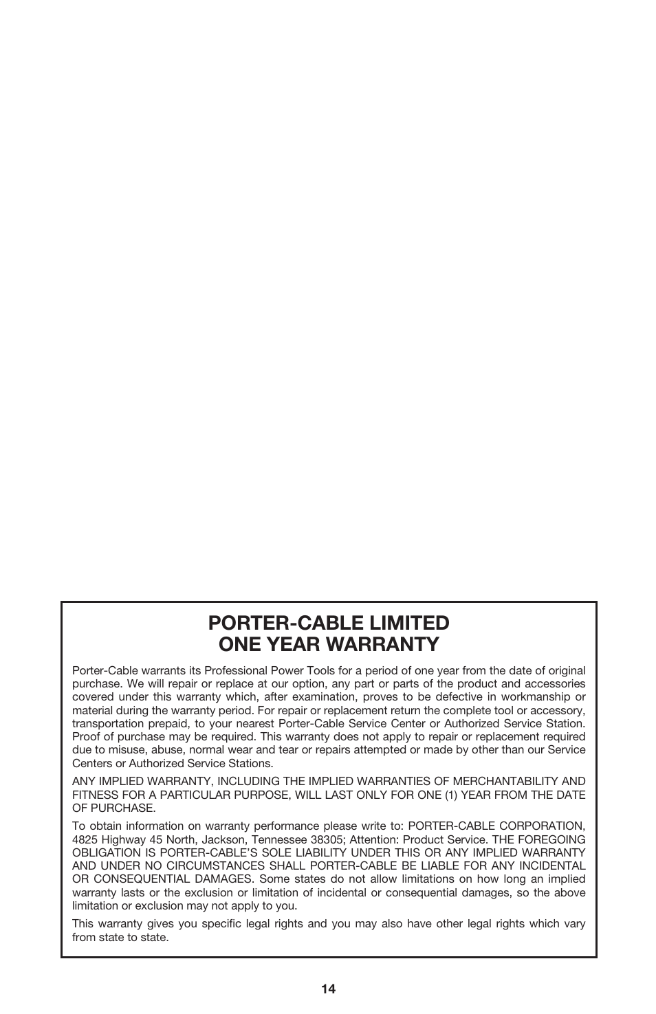 Porter-cable limited one year warranty | Porter-Cable 310 User Manual | Page 14 / 15