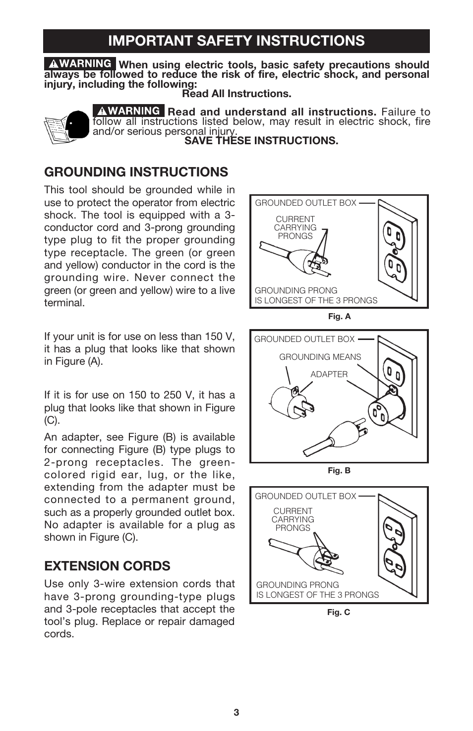 Important safety instructions, Grounding instructions, Extension cords | Porter-Cable 310 User Manual | Page 3 / 15