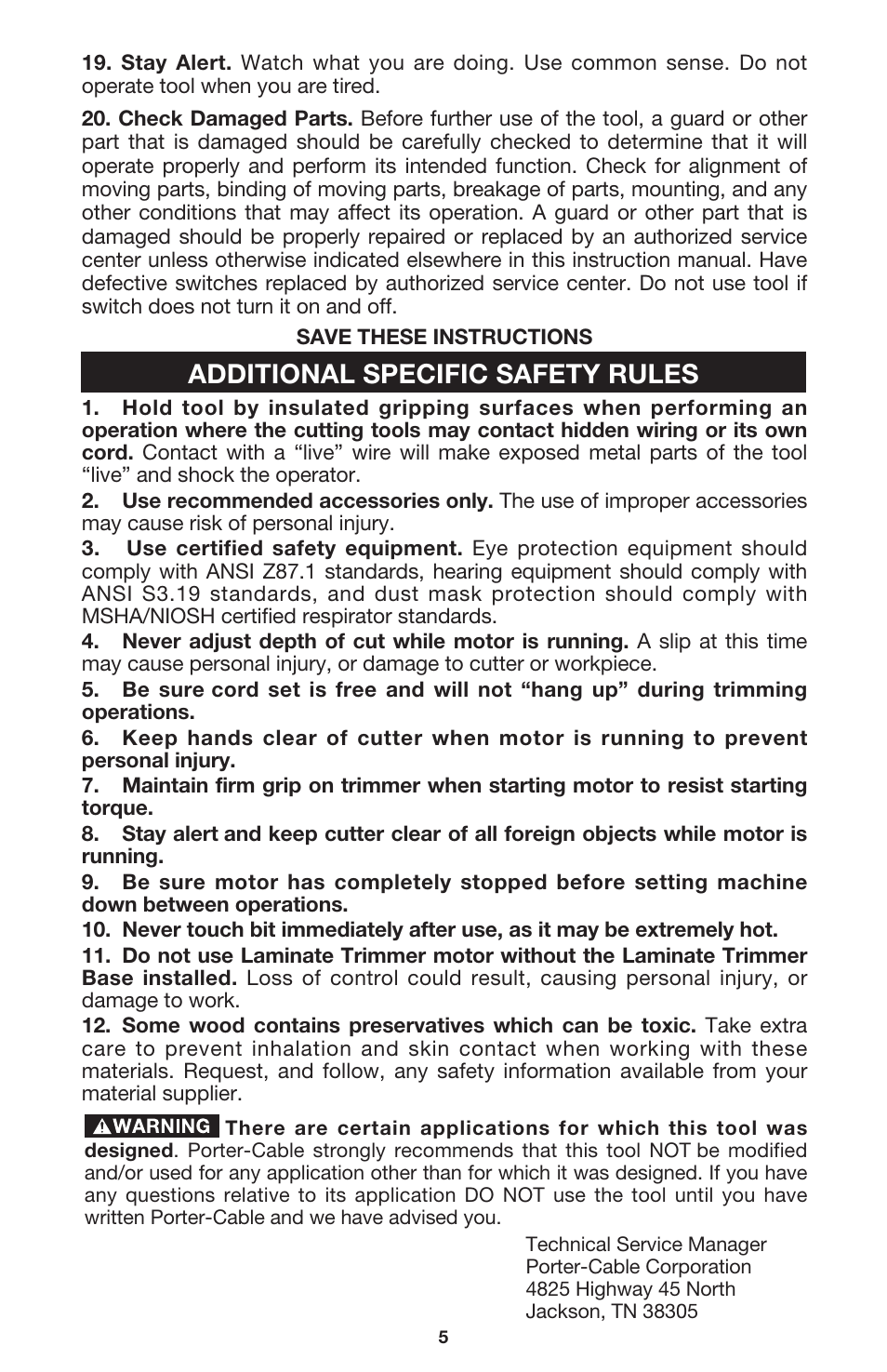 Additional specific safety rules | Porter-Cable 310 User Manual | Page 5 / 15