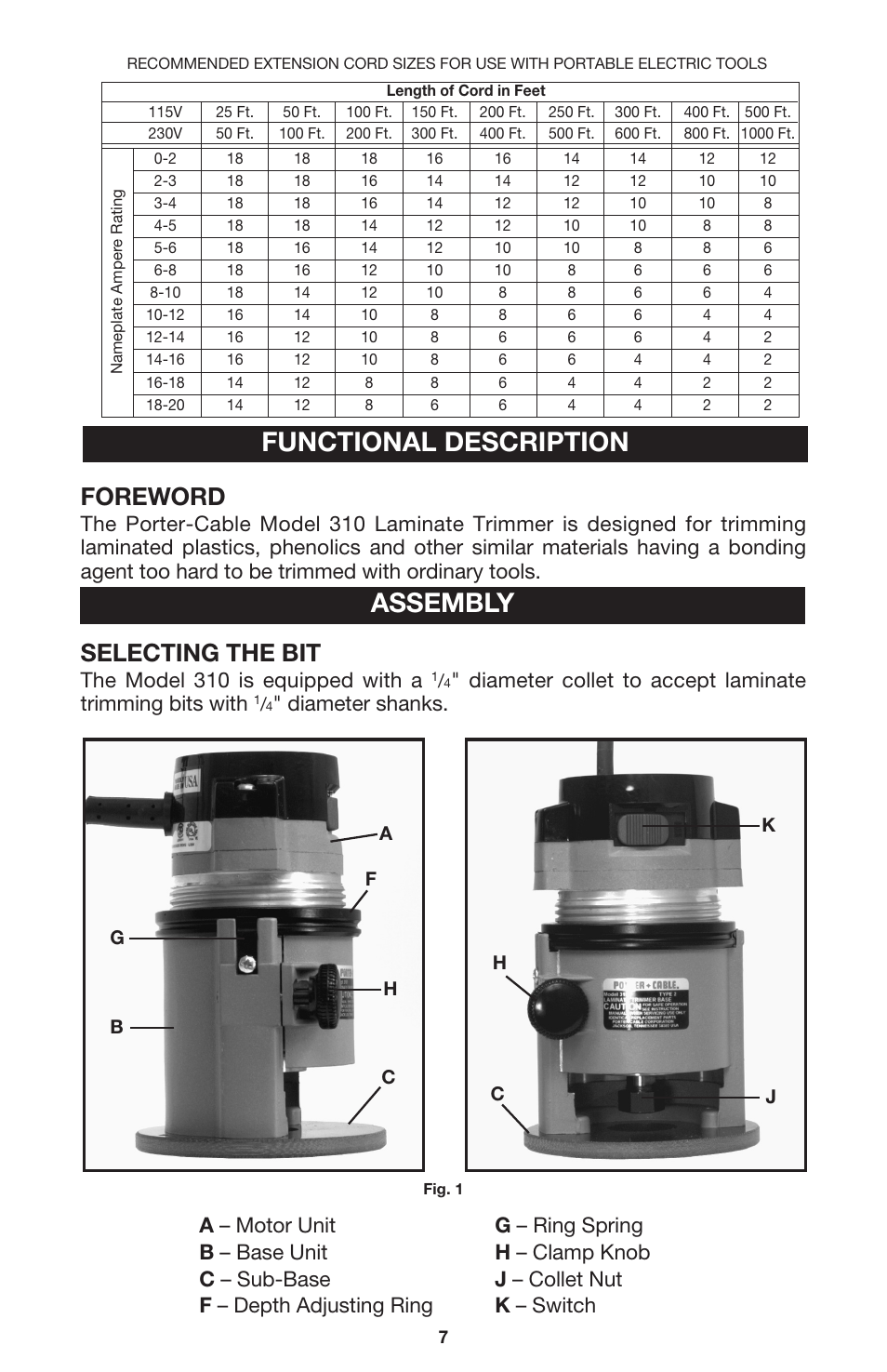 Functional description assembly, Foreword, Selecting the bit | The model 310 is equipped with a | Porter-Cable 310 User Manual | Page 7 / 15