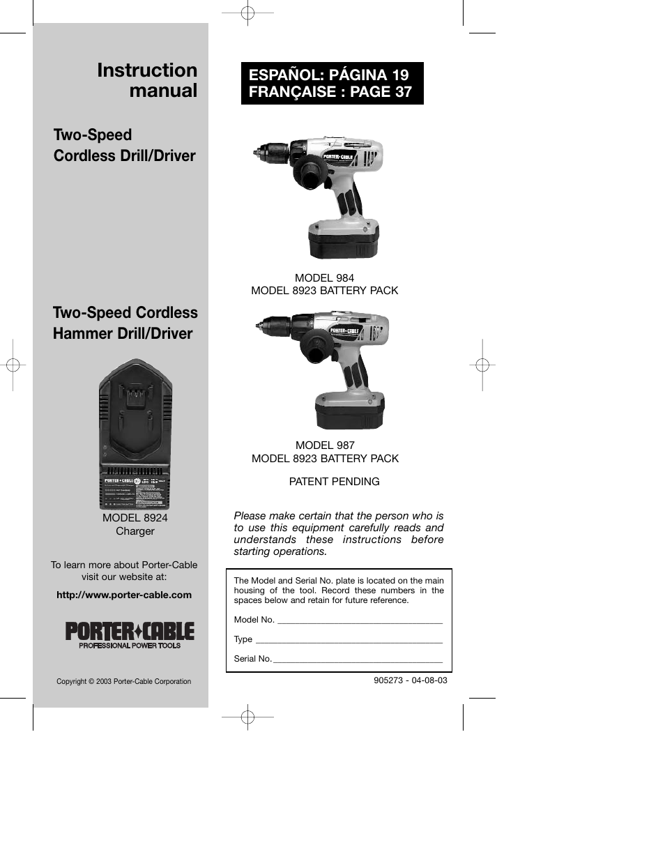 Porter-Cable 987 User Manual | 19 pages