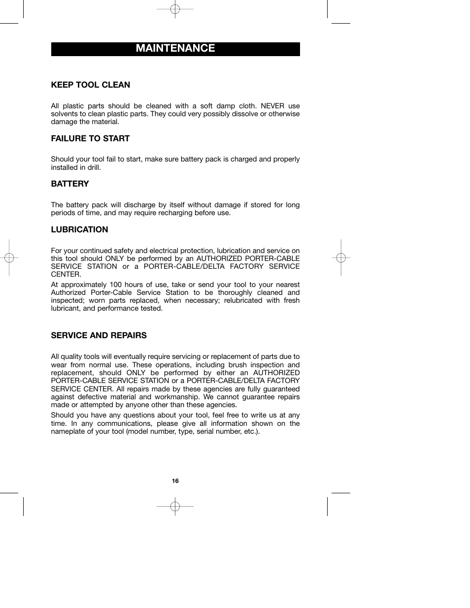 Maintenance | Porter-Cable 987 User Manual | Page 16 / 19