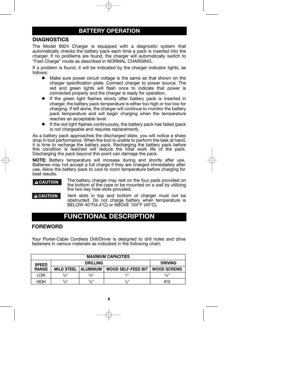 Functional description, Battery operation, Diagnostics | Foreword | Porter-Cable 987 User Manual | Page 8 / 19