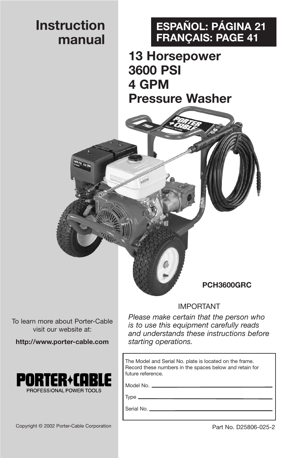 Porter-Cable PCH3600GRC User Manual | 20 pages
