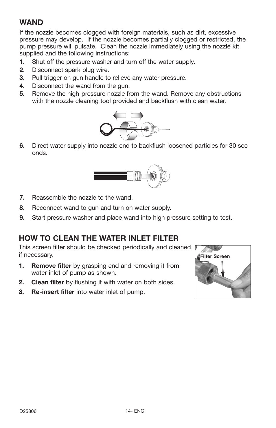 How to clean the water inlet filter, Wand | Porter-Cable PCH3600GRC User Manual | Page 14 / 20