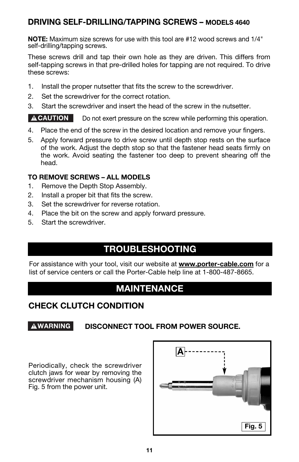 Troubleshooting maintenance, Driving self-drilling/tapping screws, Check clutch condition | Porter-Cable 4634 User Manual | Page 11 / 15