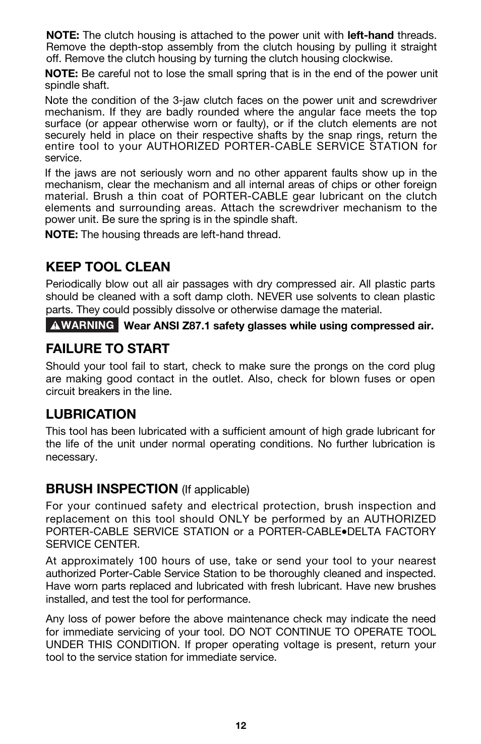 Brush inspection, Keep tool clean, Failure to start | Lubrication | Porter-Cable 4634 User Manual | Page 12 / 15