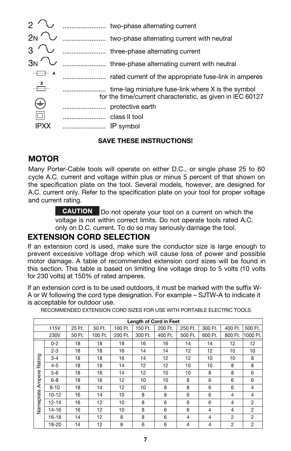 Extension cord selection, Motor, Ipxx | Two-phase alternating current, Three-phase alternating current, Symbol save these instructions | Porter-Cable 4634 User Manual | Page 7 / 15