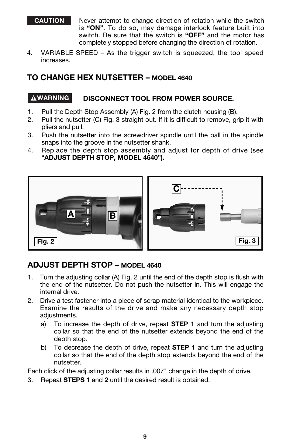 Ab c, Adjust depth stop | Porter-Cable 4634 User Manual | Page 9 / 15