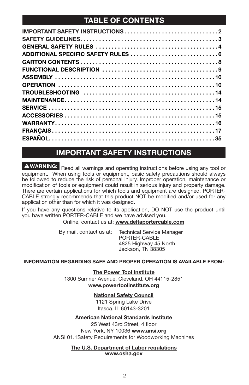 Table of contents important safety instructions | Porter-Cable N020227 User Manual | Page 2 / 52