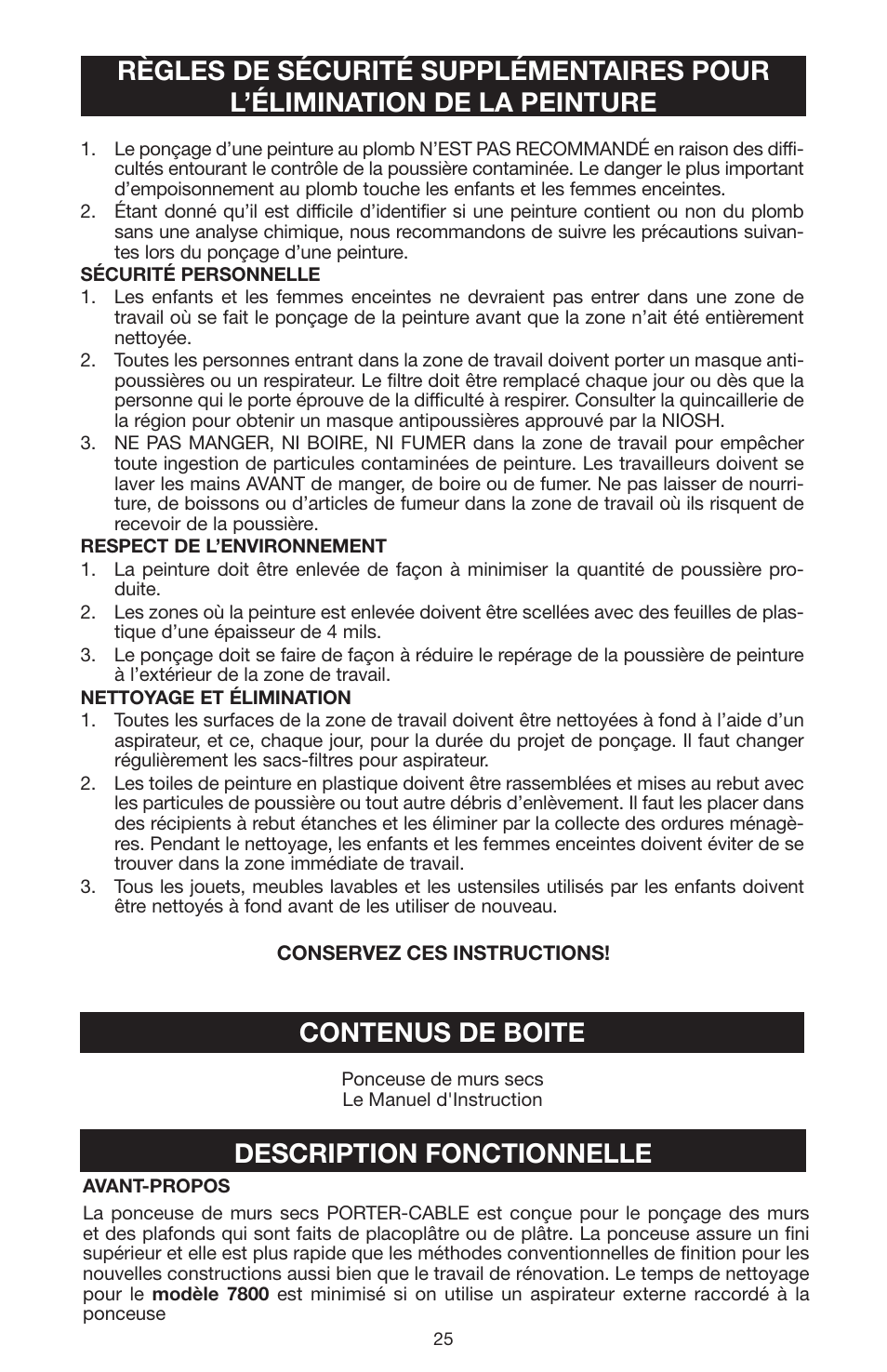 Contenus de boite, Description fonctionnelle | Porter-Cable N020227 User Manual | Page 25 / 52