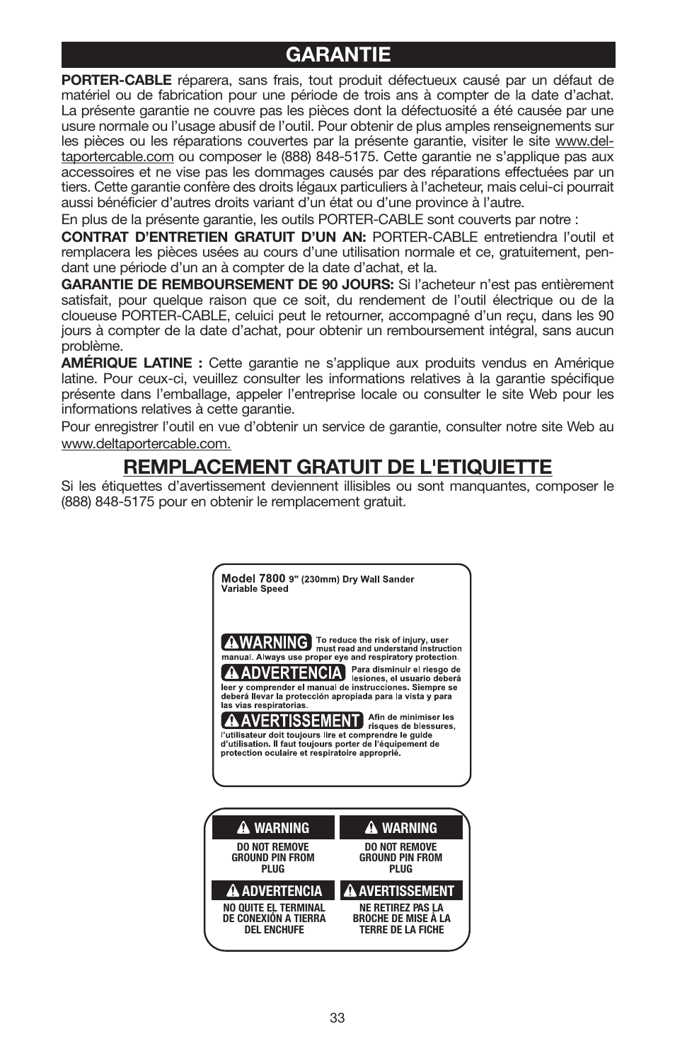 Garantie, Remplacement gratuit de l'etiquiette | Porter-Cable N020227 User Manual | Page 33 / 52