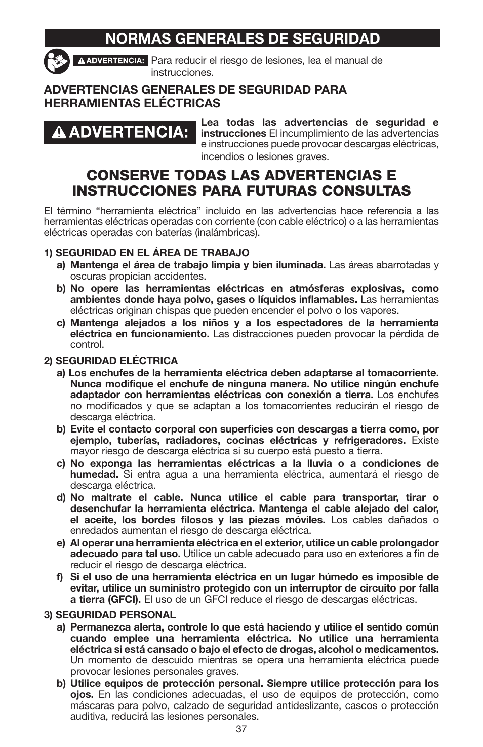 Normas generales de seguridad | Porter-Cable N020227 User Manual | Page 37 / 52