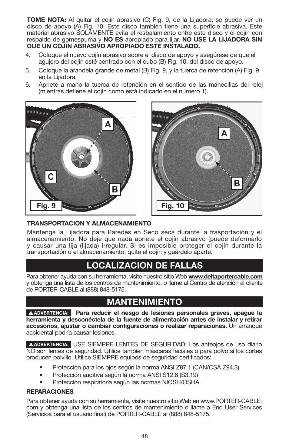 Ab c b a, Localizacion de fallas mantenimiento | Porter-Cable N020227 User Manual | Page 48 / 52