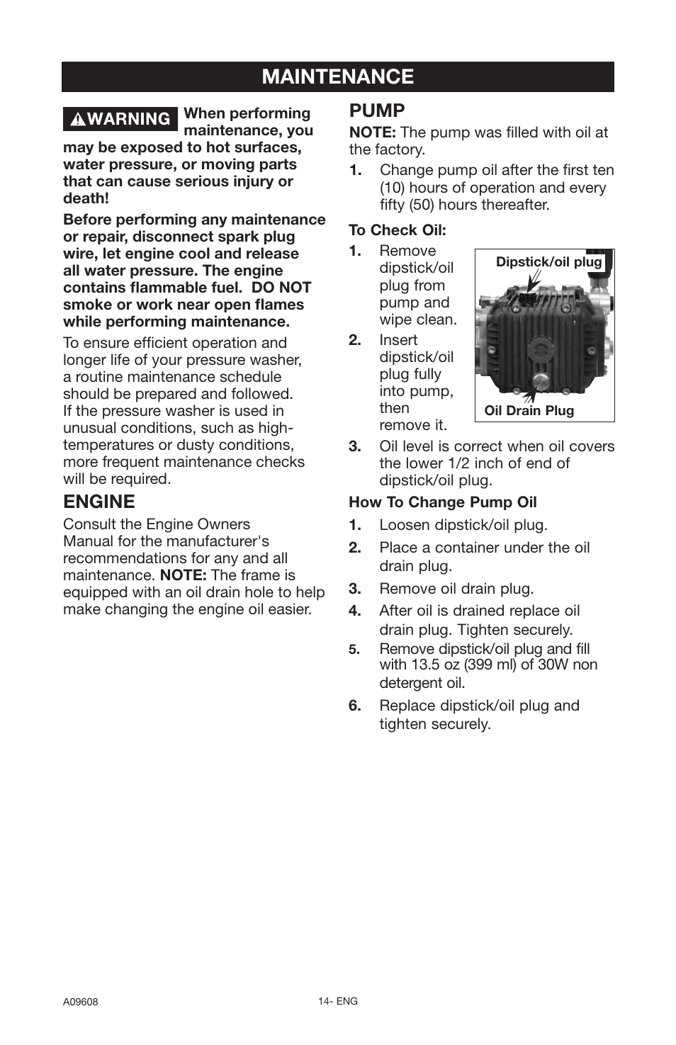 Maintenance, Engine, Pump | Porter-Cable A09608-0412-0 User Manual | Page 14 / 20