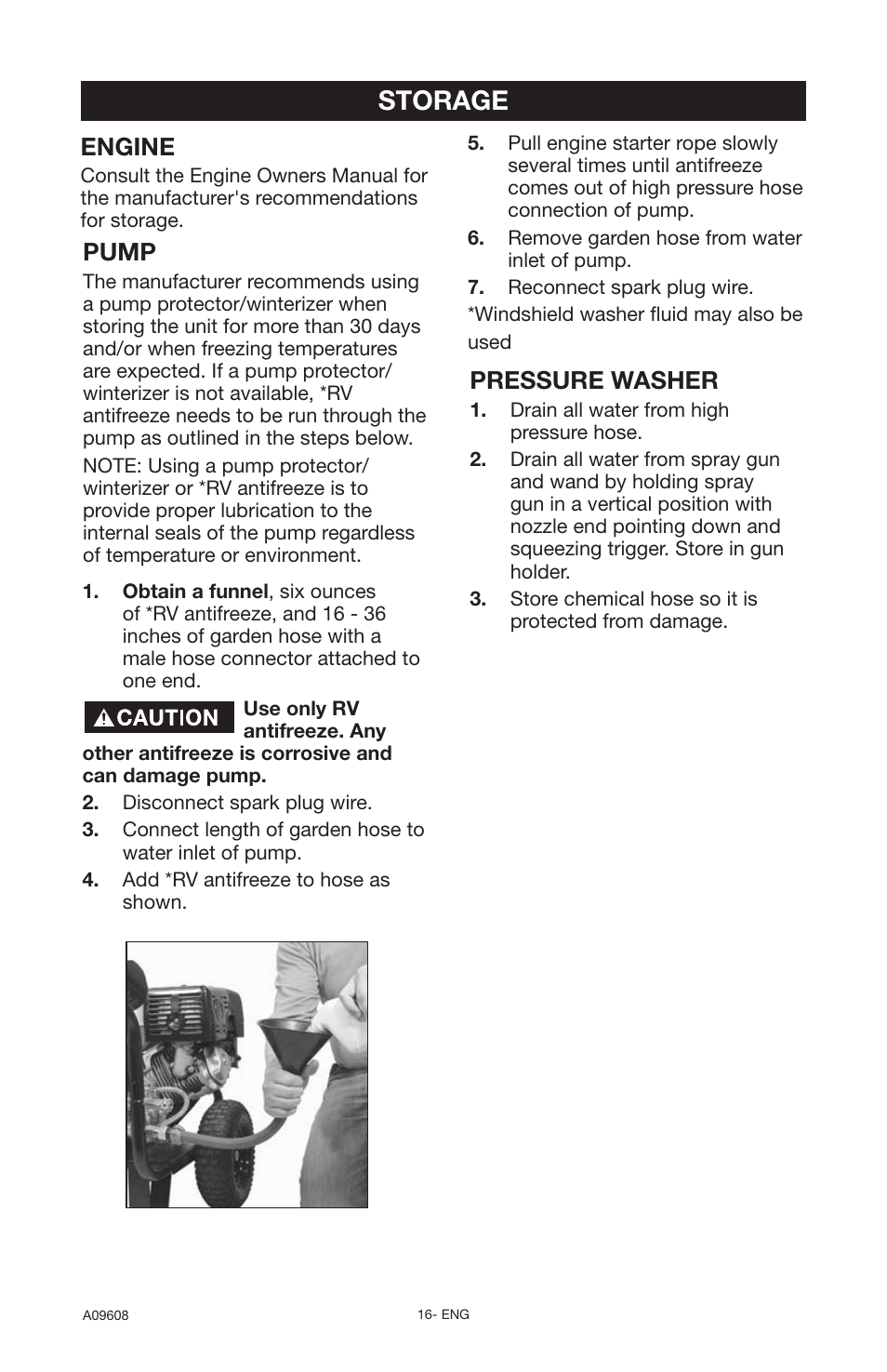 Storage, Engine, Pressure washer | Pump | Porter-Cable A09608-0412-0 User Manual | Page 16 / 20