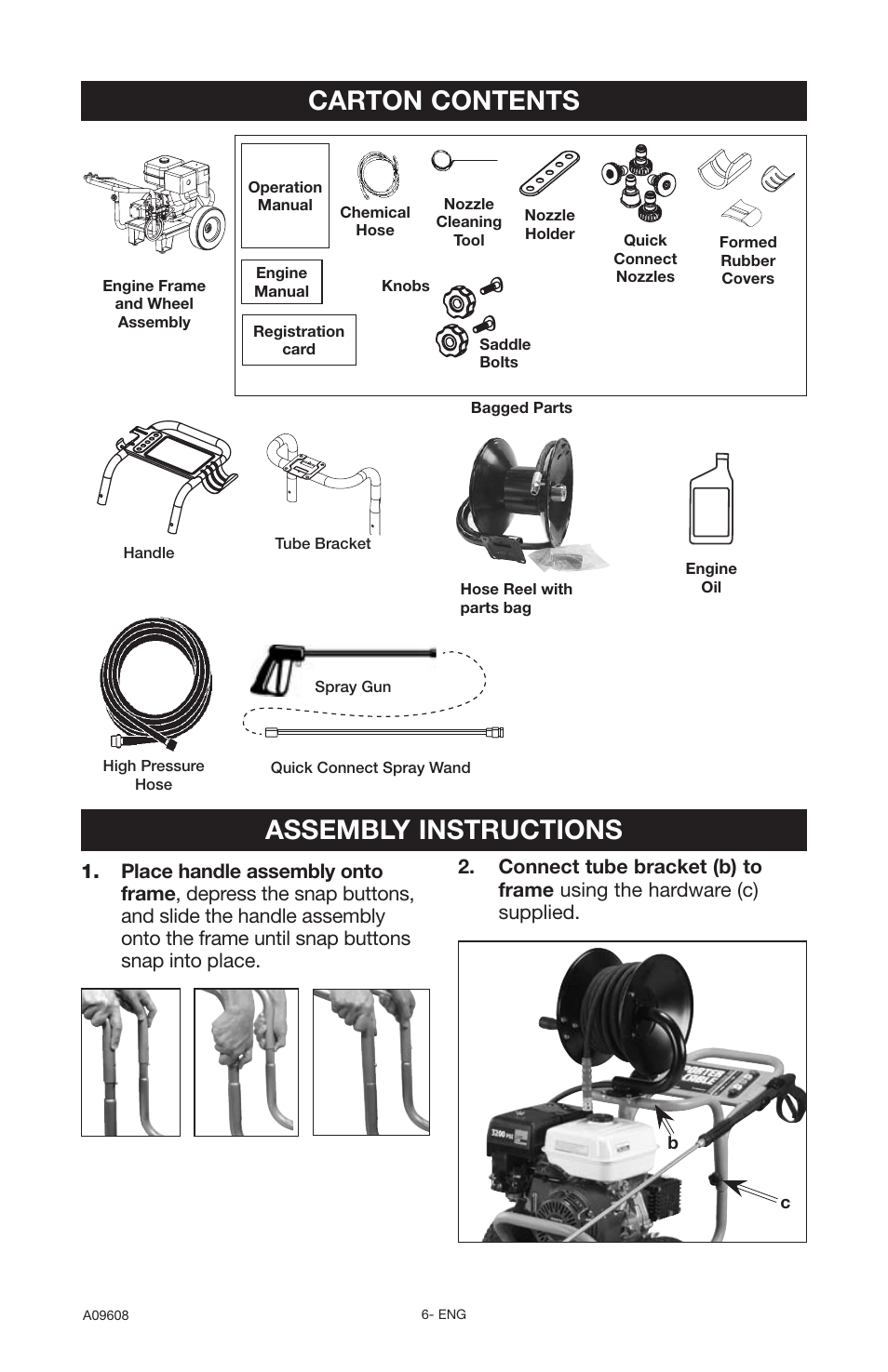 Assembly instructions, Carton contents | Porter-Cable A09608-0412-0 User Manual | Page 6 / 20