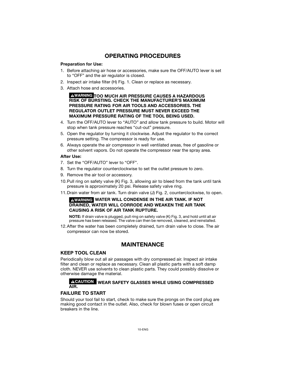 Operating procedures, Maintenance | Porter-Cable CPF23400S User Manual | Page 10 / 12