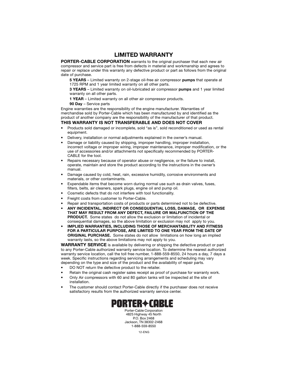 Limited warranty | Porter-Cable CPF23400S User Manual | Page 12 / 12