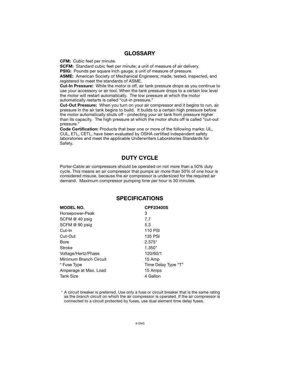 Glossary duty cycle specifications | Porter-Cable CPF23400S User Manual | Page 6 / 12
