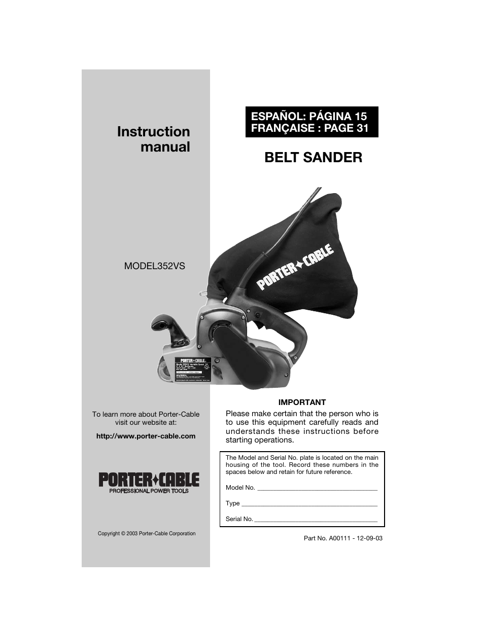 Porter-Cable 352VS User Manual | 15 pages