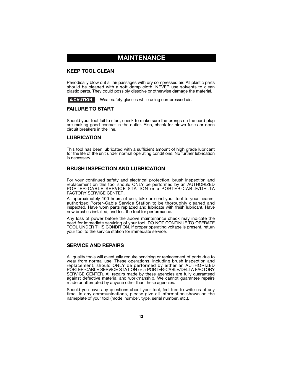 Maintenance | Porter-Cable 352VS User Manual | Page 12 / 15