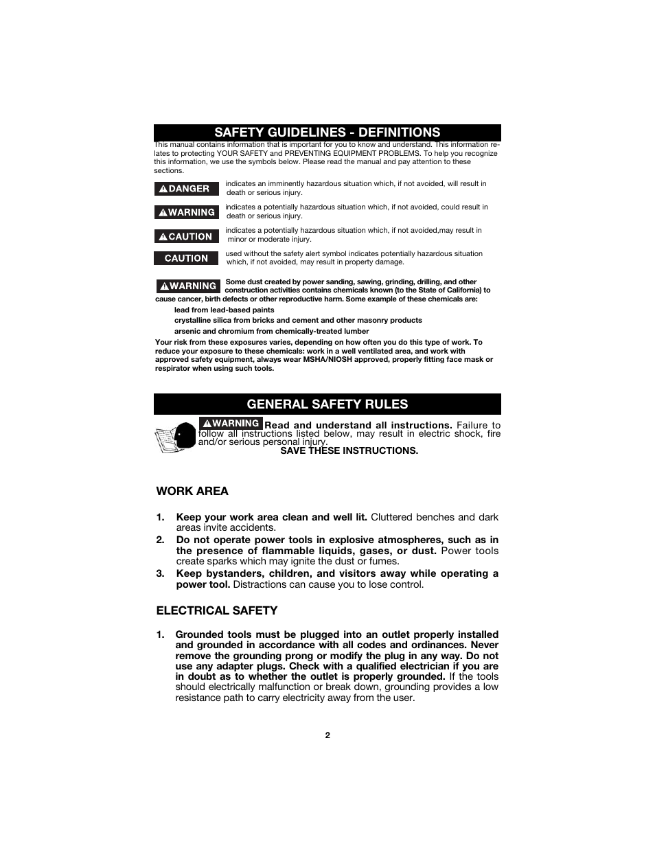 Safety guidelines - definitions, General safety rules, Work area | Electrical safety | Porter-Cable 352VS User Manual | Page 2 / 15