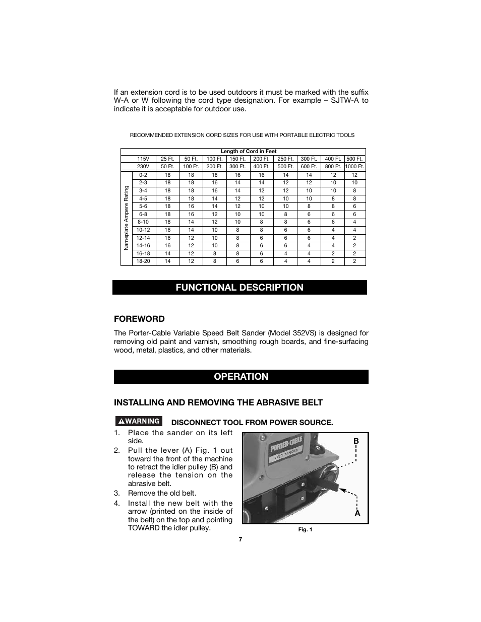 Functional description operation, Foreword, Installing and removing the abrasive belt | Porter-Cable 352VS User Manual | Page 7 / 15