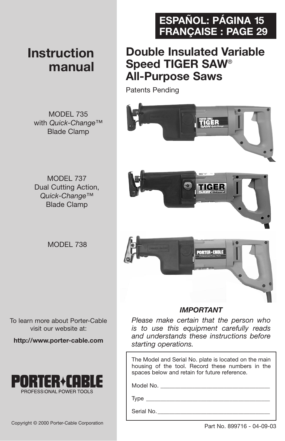 Porter-Cable 735 User Manual | 15 pages