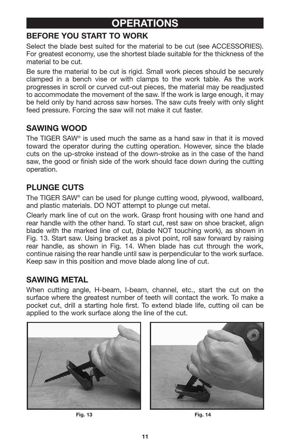 Operations, Before you start to work, Sawing wood | Plunge cuts, Sawing metal | Porter-Cable 735 User Manual | Page 11 / 15