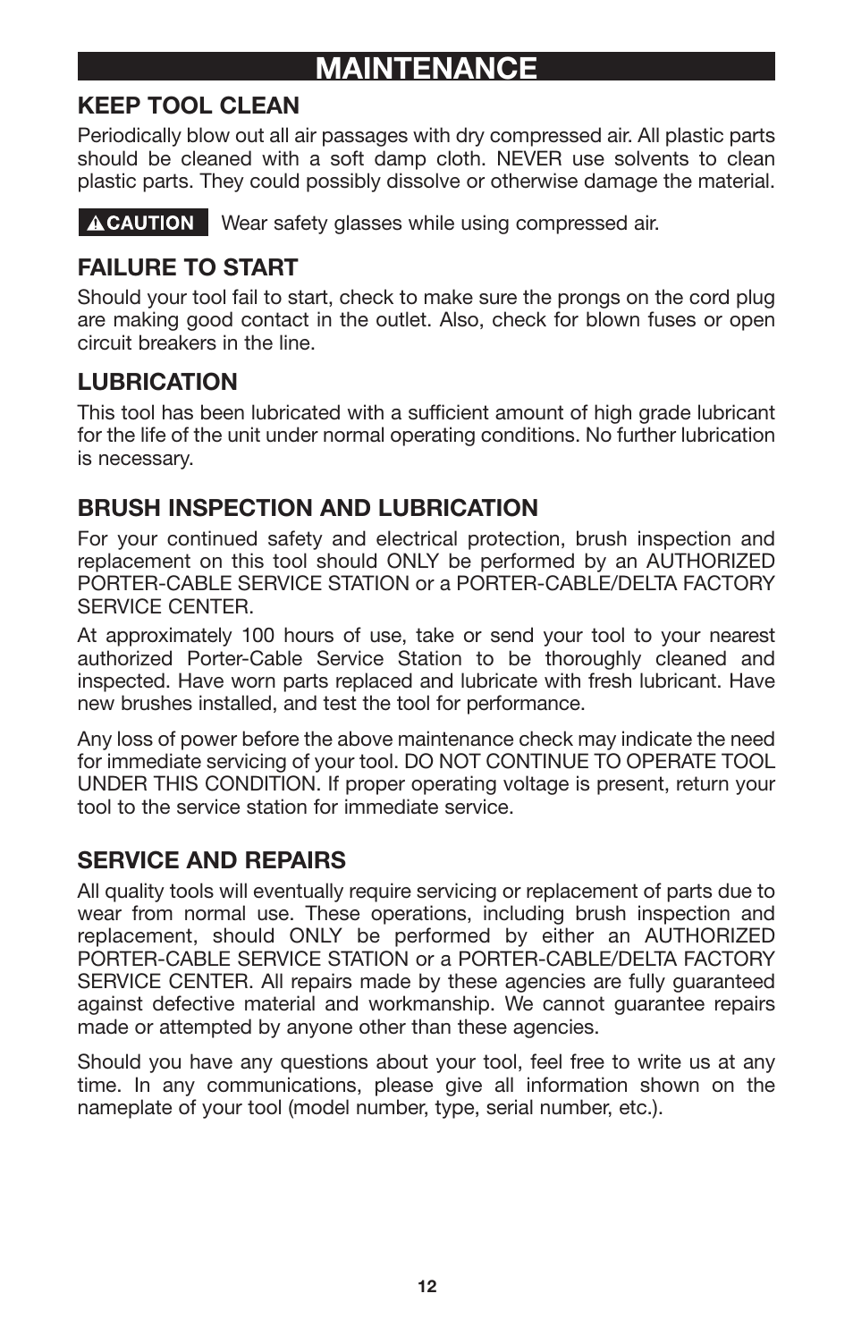 Maintenance | Porter-Cable 735 User Manual | Page 12 / 15