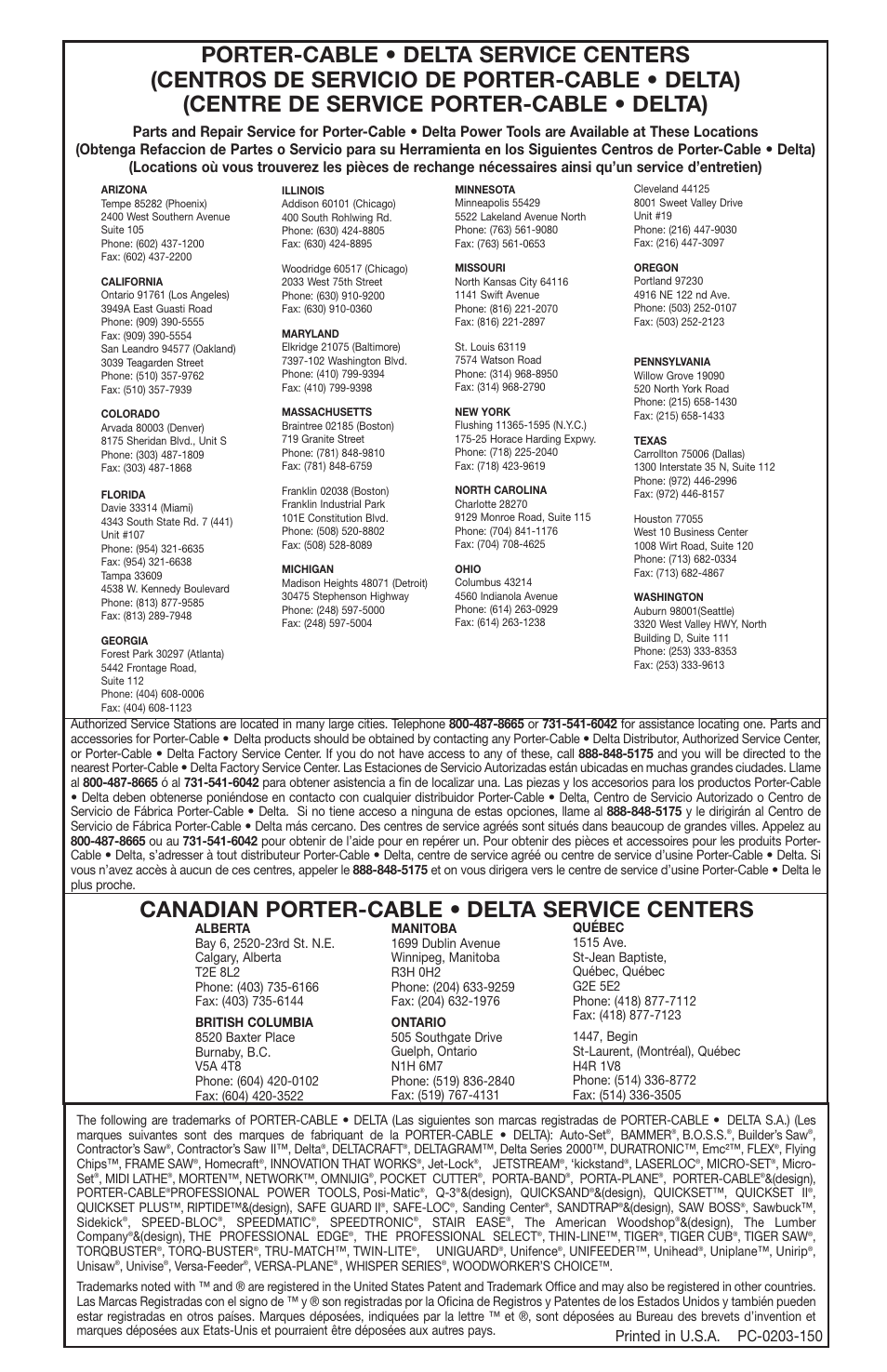 Canadian porter-cable • delta service centers | Porter-Cable 735 User Manual | Page 15 / 15