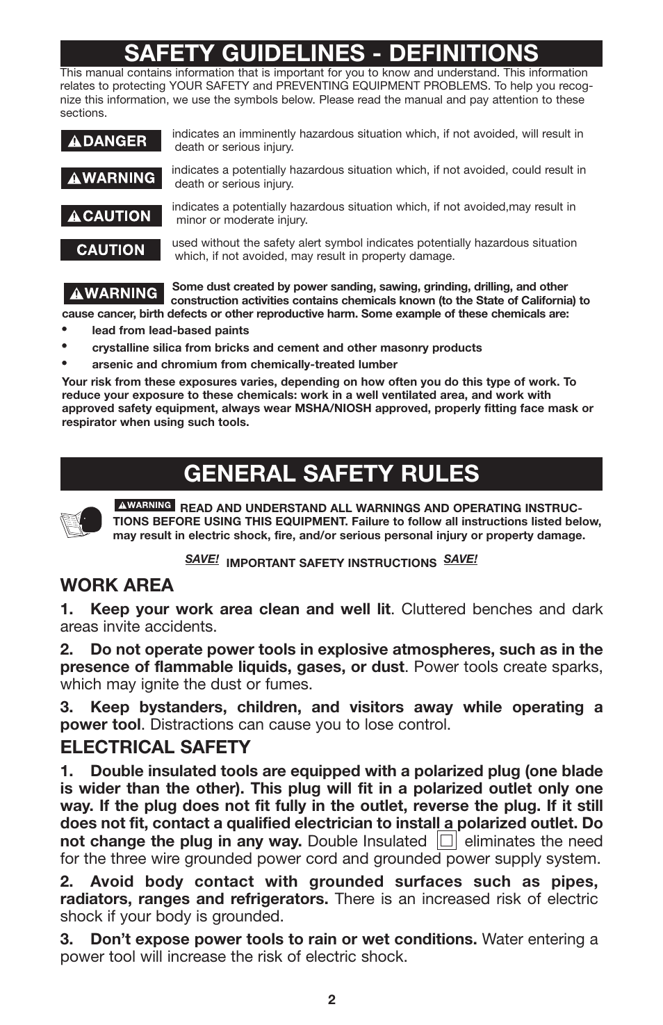 Safety guidelines - definitions, General safety rules, Work area | Electrical safety | Porter-Cable 735 User Manual | Page 2 / 15