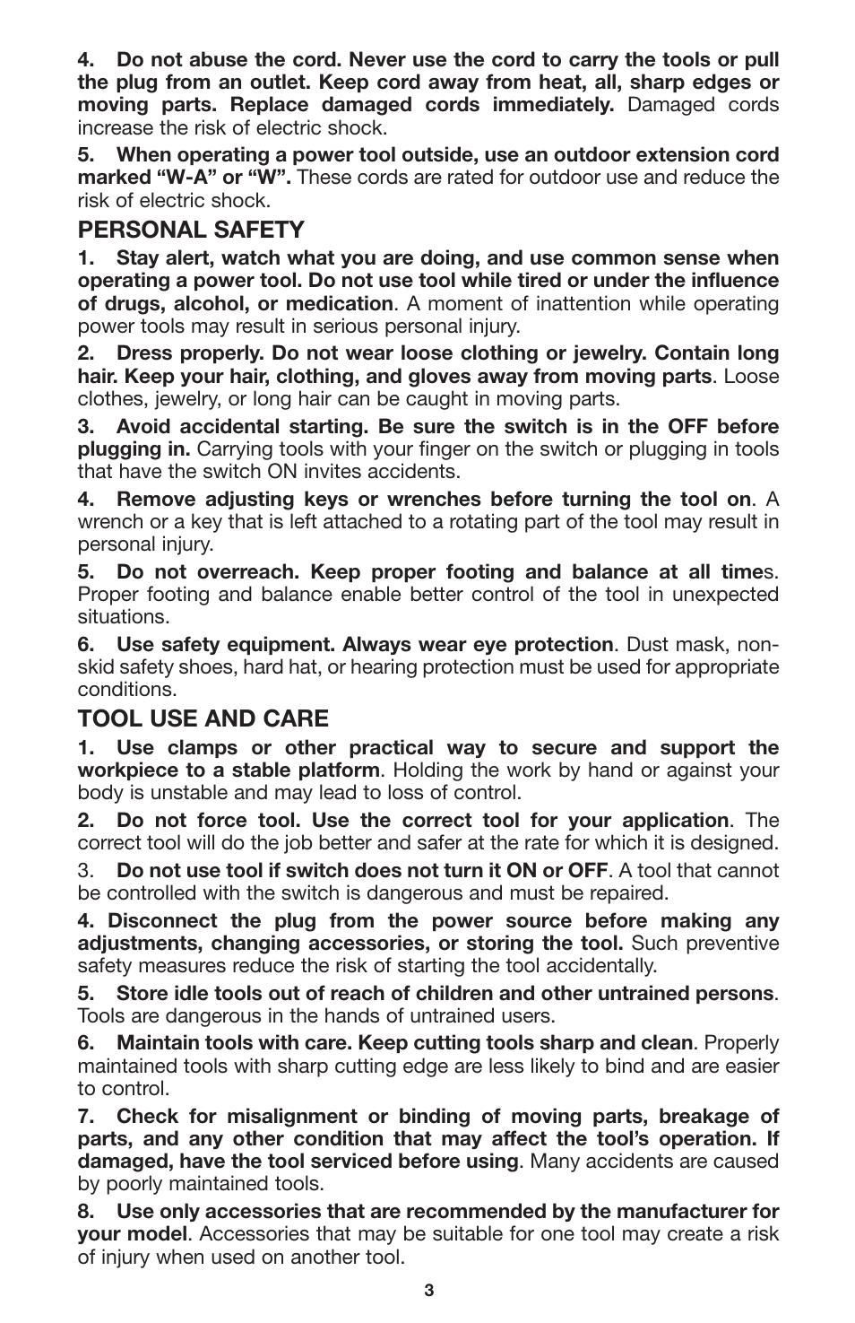 Personal safety, Tool use and care | Porter-Cable 735 User Manual | Page 3 / 15