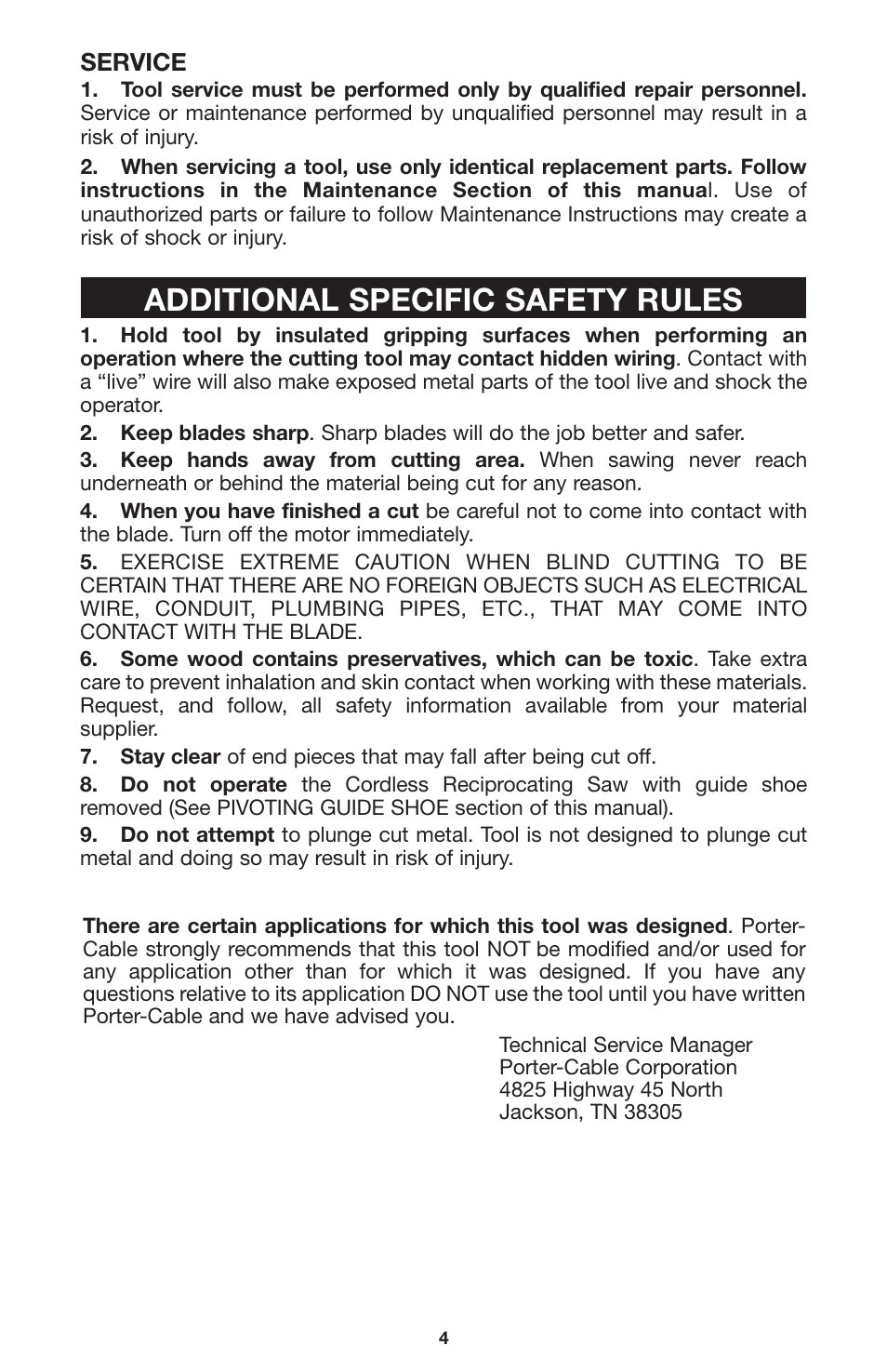 Additional specific safety rules, Service | Porter-Cable 735 User Manual | Page 4 / 15