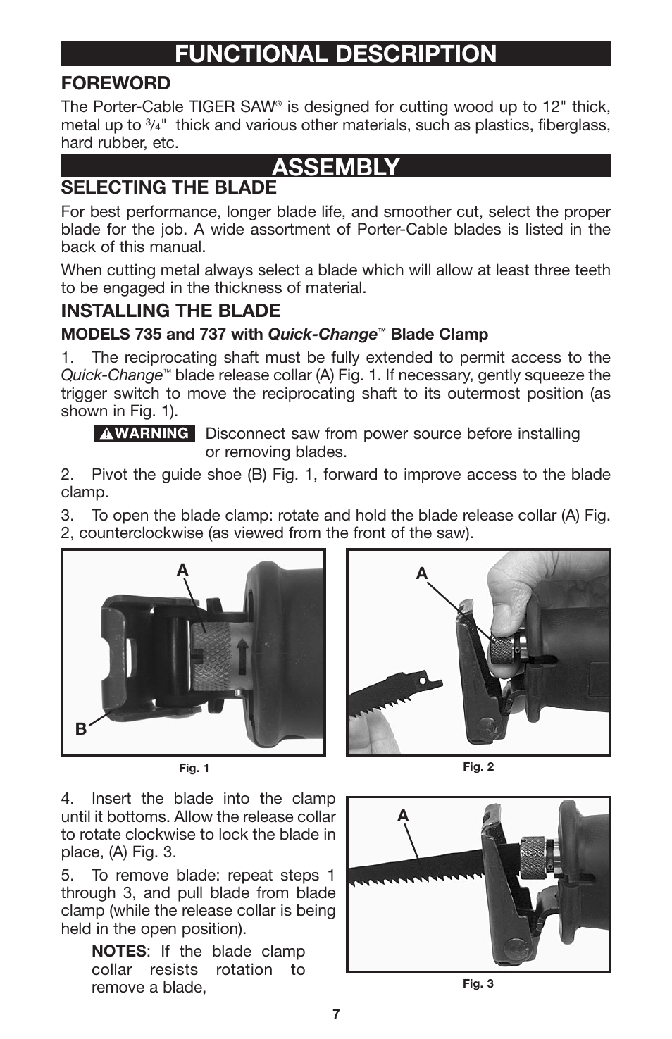 Functional description, Assembly, Foreword | Selecting the blade, Installing the blade | Porter-Cable 735 User Manual | Page 7 / 15