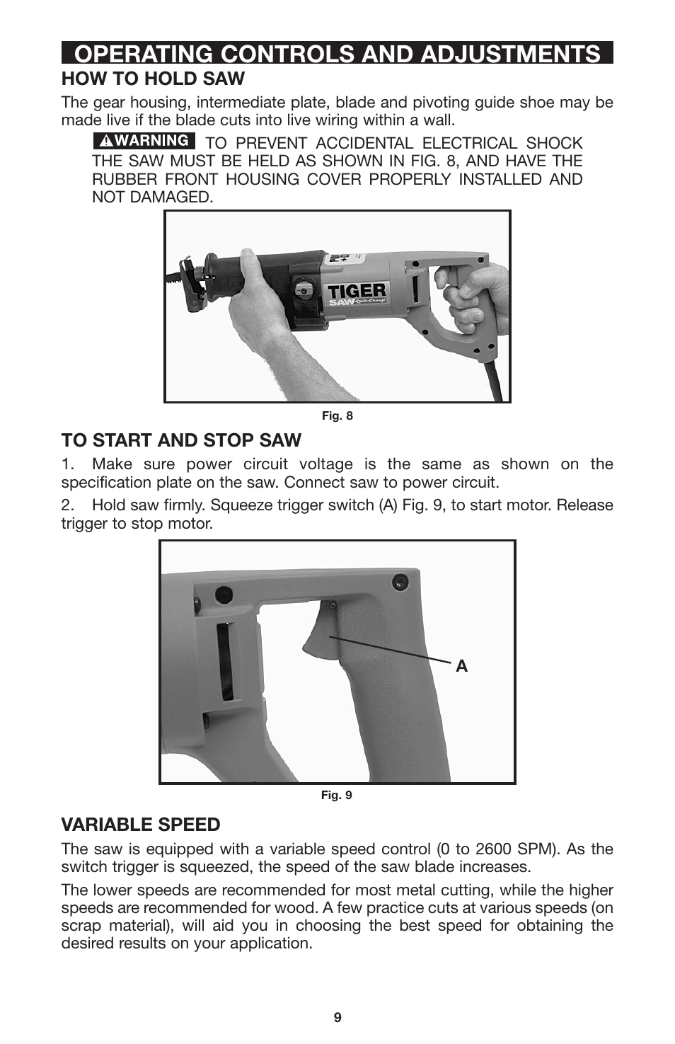 Operating controls and adjustments, How to hold saw, Variable speed | Porter-Cable 735 User Manual | Page 9 / 15