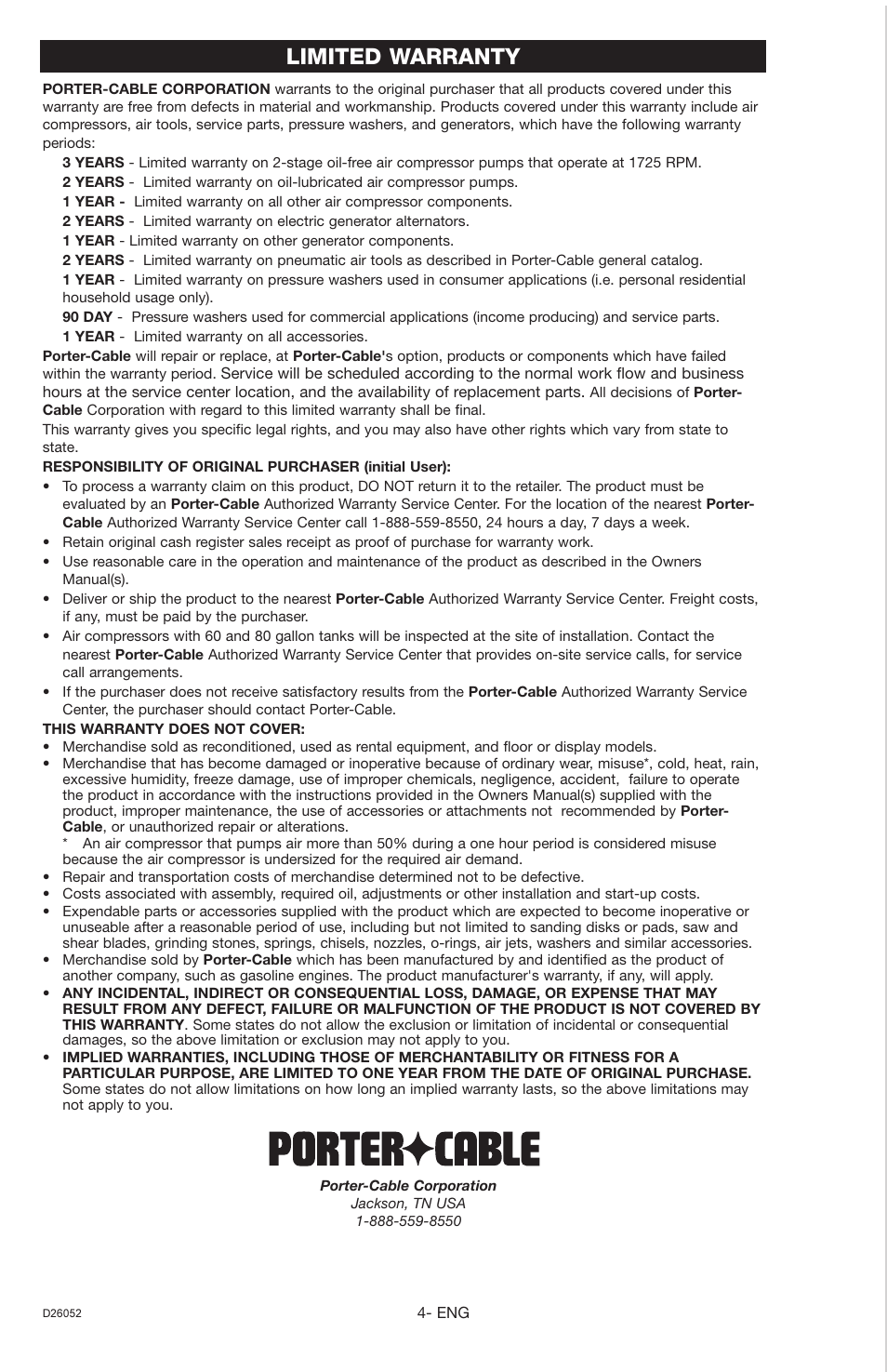 Limited warranty | Porter-Cable PCA390 User Manual | Page 4 / 4