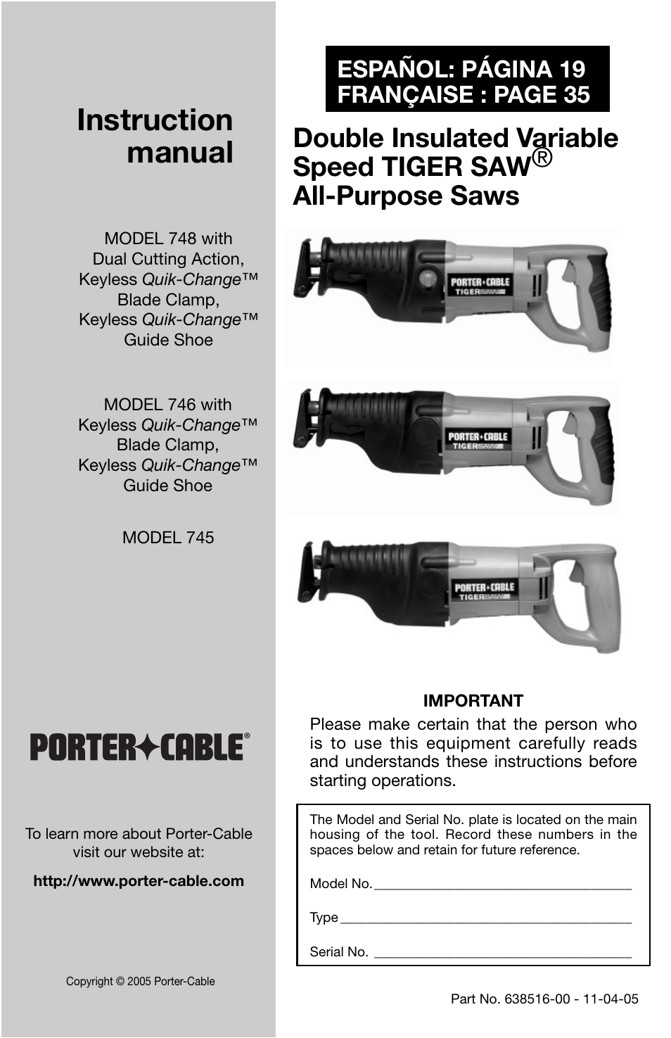 Porter-Cable 746 User Manual | 52 pages