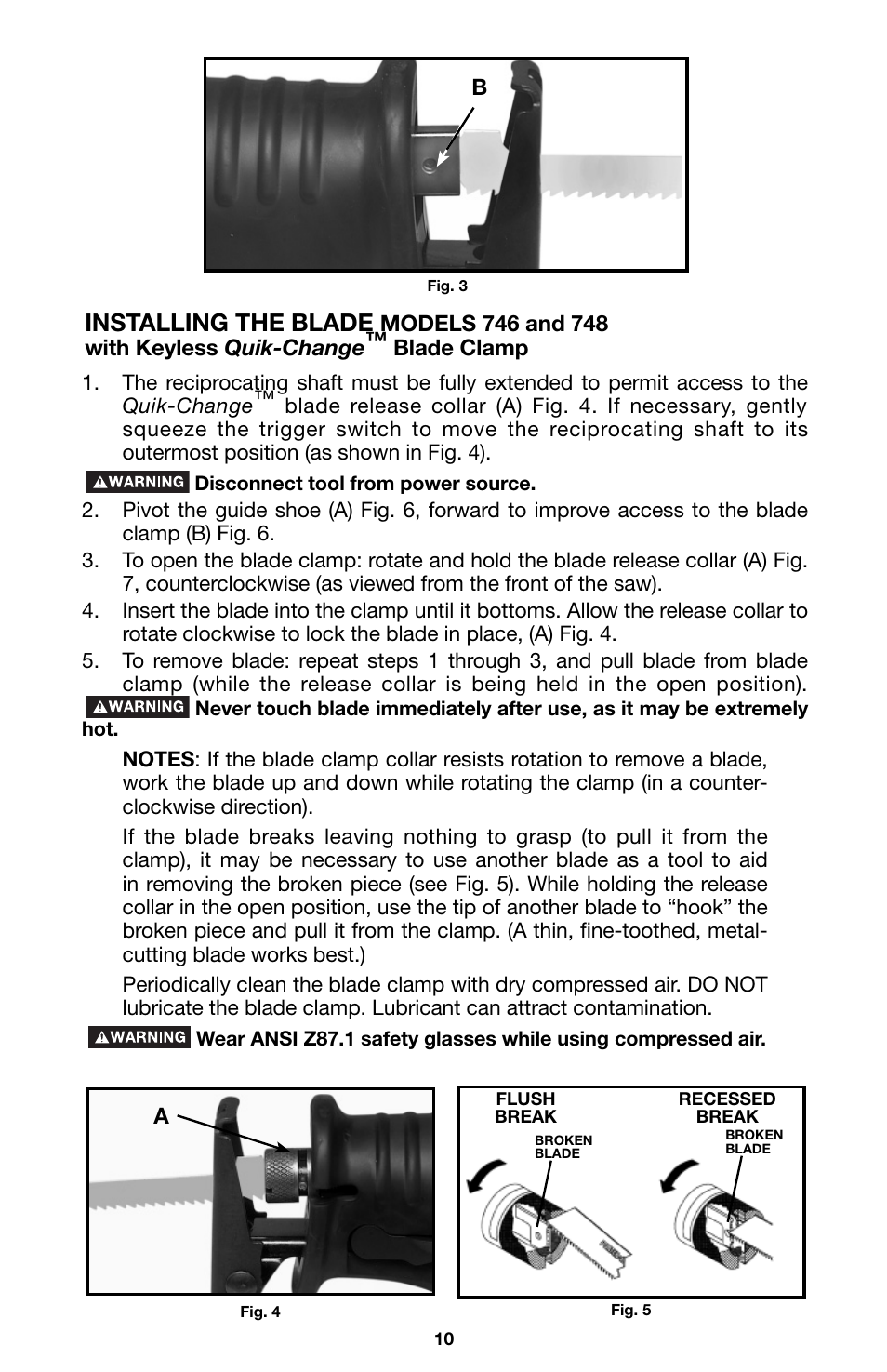 Installing the blade | Porter-Cable 746 User Manual | Page 10 / 52