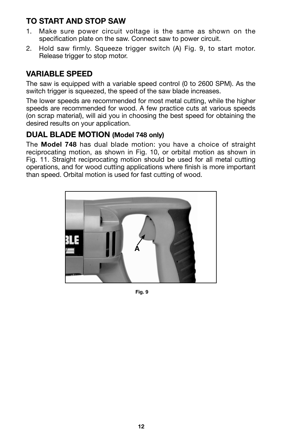 Variable speed, Dual blade motion | Porter-Cable 746 User Manual | Page 12 / 52