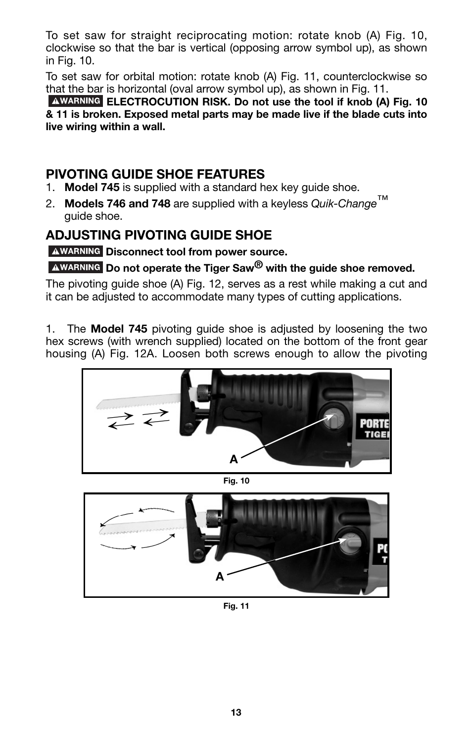 Pivoting guide shoe features, Adjusting pivoting guide shoe | Porter-Cable 746 User Manual | Page 13 / 52